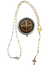 Load image into Gallery viewer, Saint Benedict Rosary with Pearl Beads & Gold-Tone Details + Metal Case