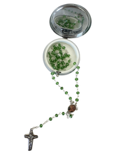 Load image into Gallery viewer, Our Lady of Schoenstatt Rosary with Green Beads & Metal Case