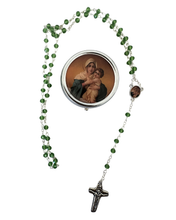 Load image into Gallery viewer, Our Lady of Schoenstatt Rosary with Green Beads & Metal Case