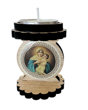 Load image into Gallery viewer, Wooden Candle Holder – Our Lady of Schoenstatt (Includes Replaceable Tealight)