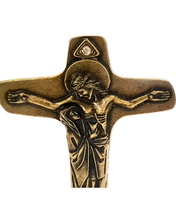 Load image into Gallery viewer, Schoenstatt Unity Cross – Gold Metal with Wooden Base (3.2 in)