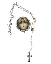 Load image into Gallery viewer, Sacred Heart of Jesus Rosary with White Beads and Metal Case