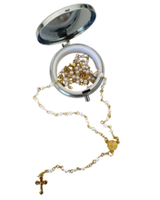 Load image into Gallery viewer, Saint Benedict Rosary with Pearl Beads &amp; Gold-Tone Details + Metal Case
