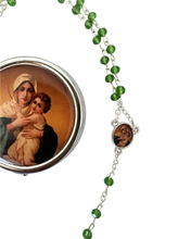 Load image into Gallery viewer, Our Lady of Schoenstatt Rosary with Green Beads &amp; Metal Case
