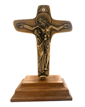 Load image into Gallery viewer, Schoenstatt Unity Cross – Gold Metal with Wooden Base (3.2 in)
