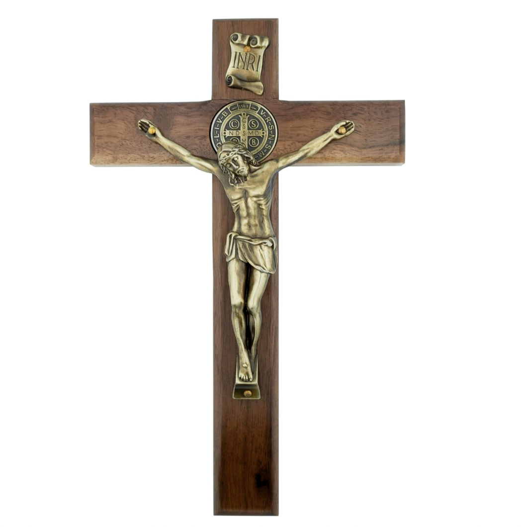 Wooden Wall Cross with Saint Benedict Medal | Beautiful Bronze-Tone Jesus | Solid Stained Wood