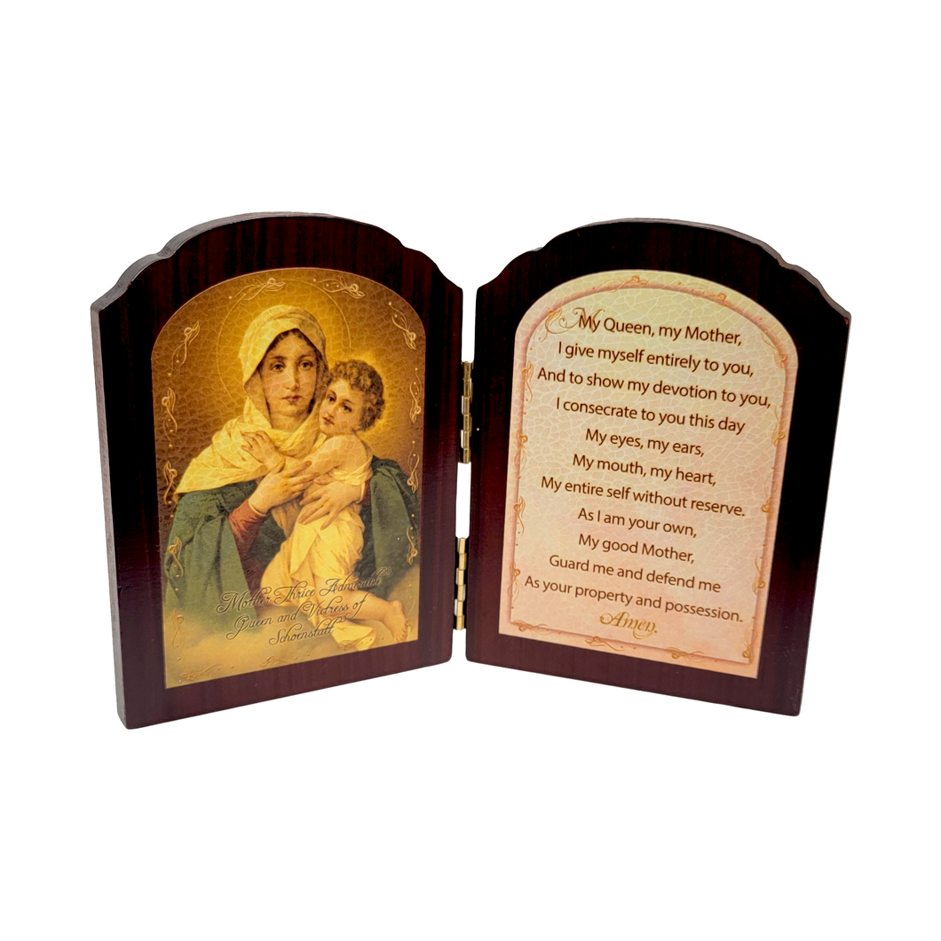 Wood diptych with MTA Queen and Victress of Schoenstatt image and pray, Swivel Faces Wood. Size: 5.5