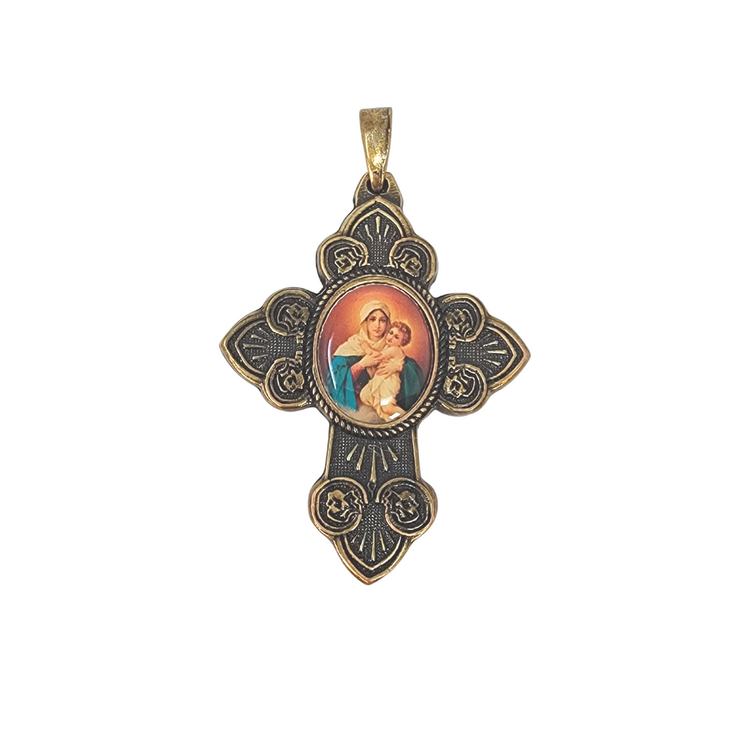 Aged Bronze Cross Medal with Our Lady of Schoenstatt Image