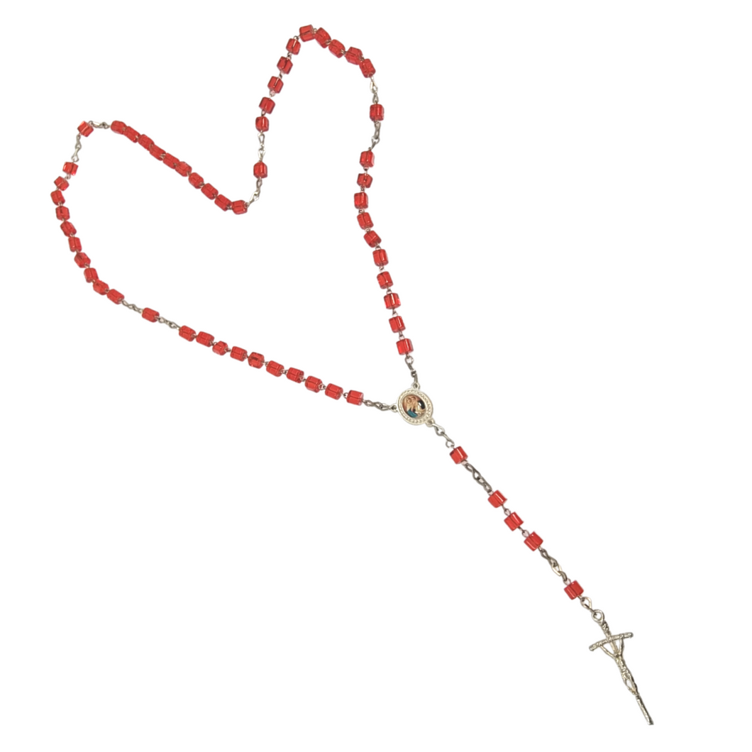 Rosary with Square Red Glass Beads.
