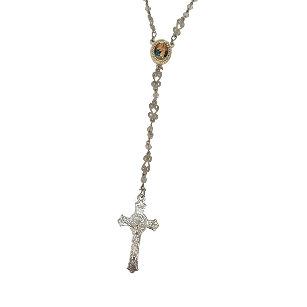 Beautiful Holy Rosary, silver plate with white little beads