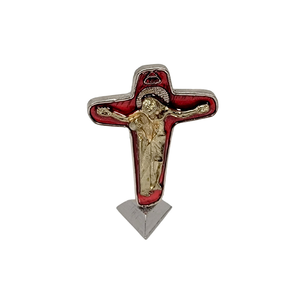 Unity Cross. Red Color. Triangular silver metallic stand. Small size. 3.25