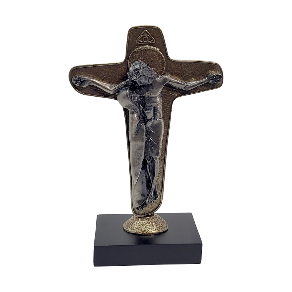 Unity Cross - With Pedestal - Central image in copper colored metal - Natural Wood Base