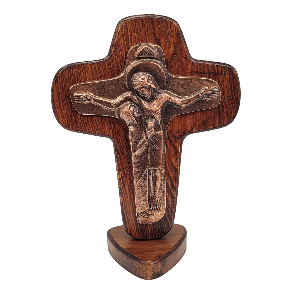 Unity Cross With Pedestal - Natural Wood, Copper Colored Metal Central Image