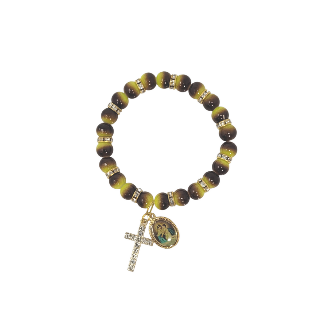 Bracelet with Brown and Yellow Acrylic Beads and Rhinestones, with Golden Medal of Our Lady of Schoenstatt and Cross