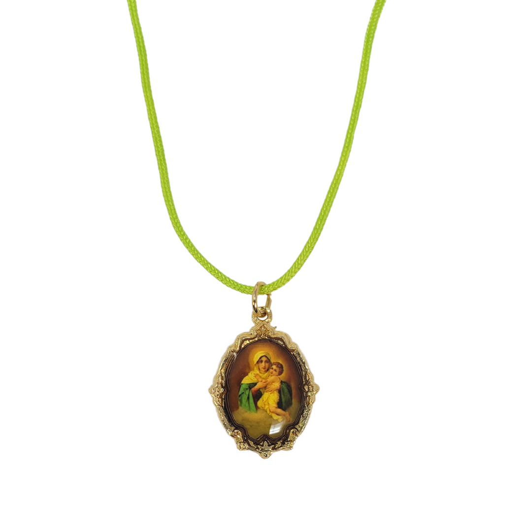 Neon Green Mouse Tail Necklace with Our Lady of Schoenstatt Golden Medal