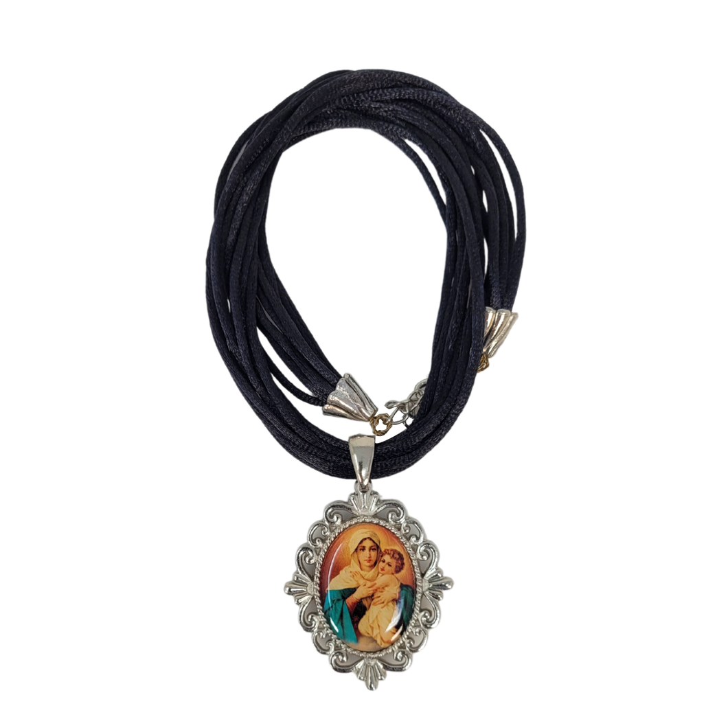 Mouse Tail Thread Necklace with the Our Lady of Schoensttat Medal Silver Type. Black Color