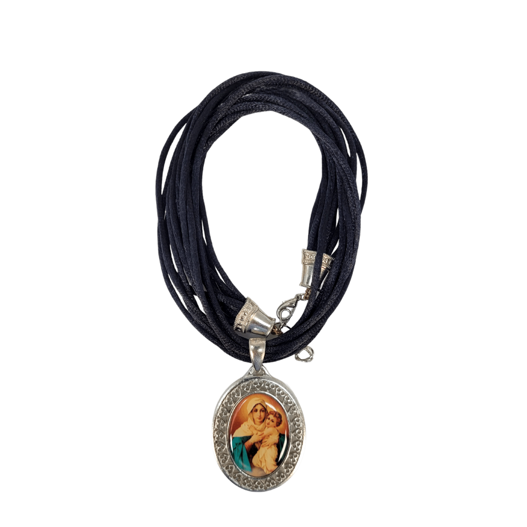 Mouse Tail Thread Necklace with Our Lady of Schoenstatt Oval Medal Silver Type. Black Color