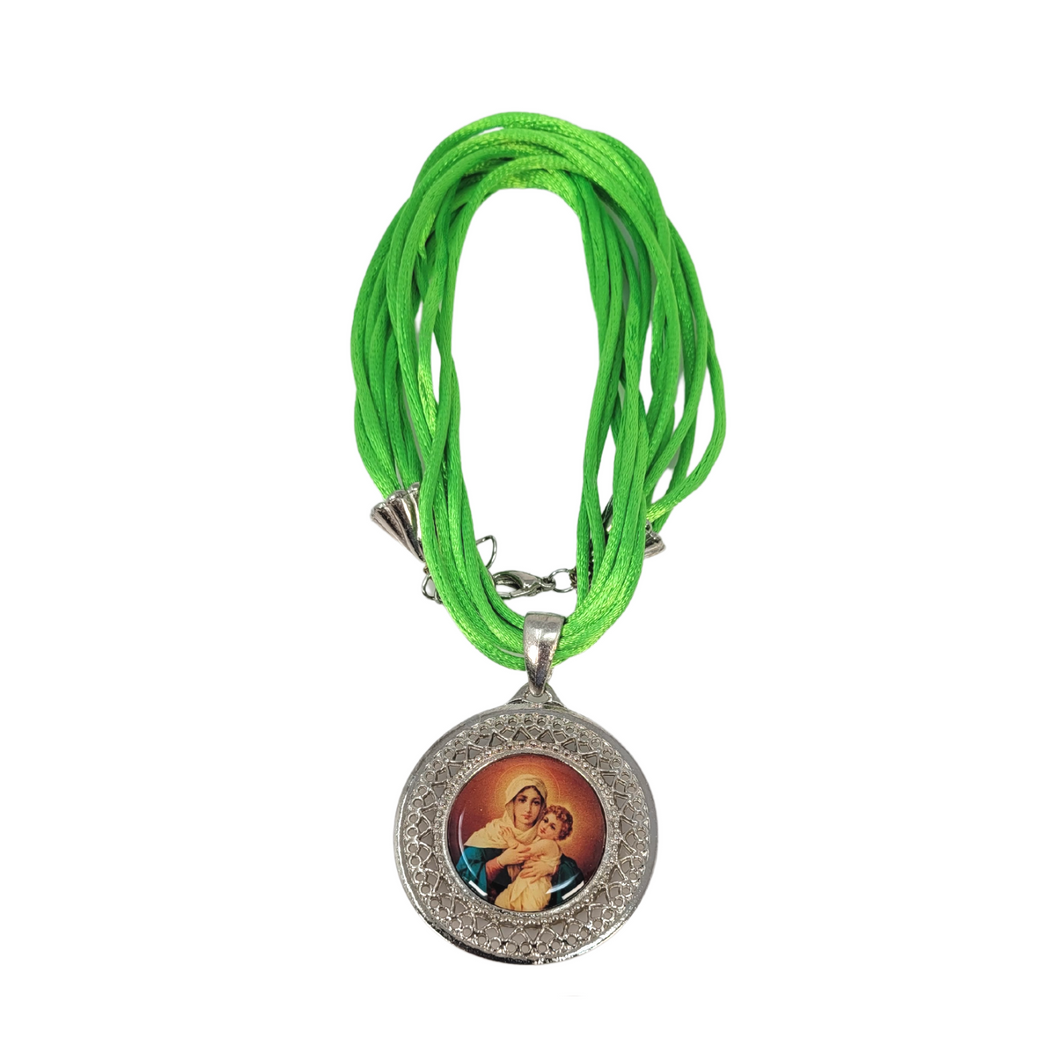 Mouse Tail Thread Necklace with Our Lady of Schoenstatt Medal Silver Type. Green Color