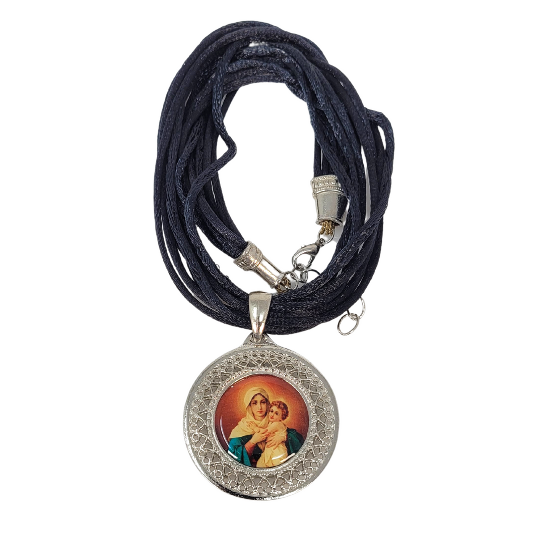 Mouse Tail Thread Necklace with the Our Lady of Schoenstatt Medal Silver Type. Black Color