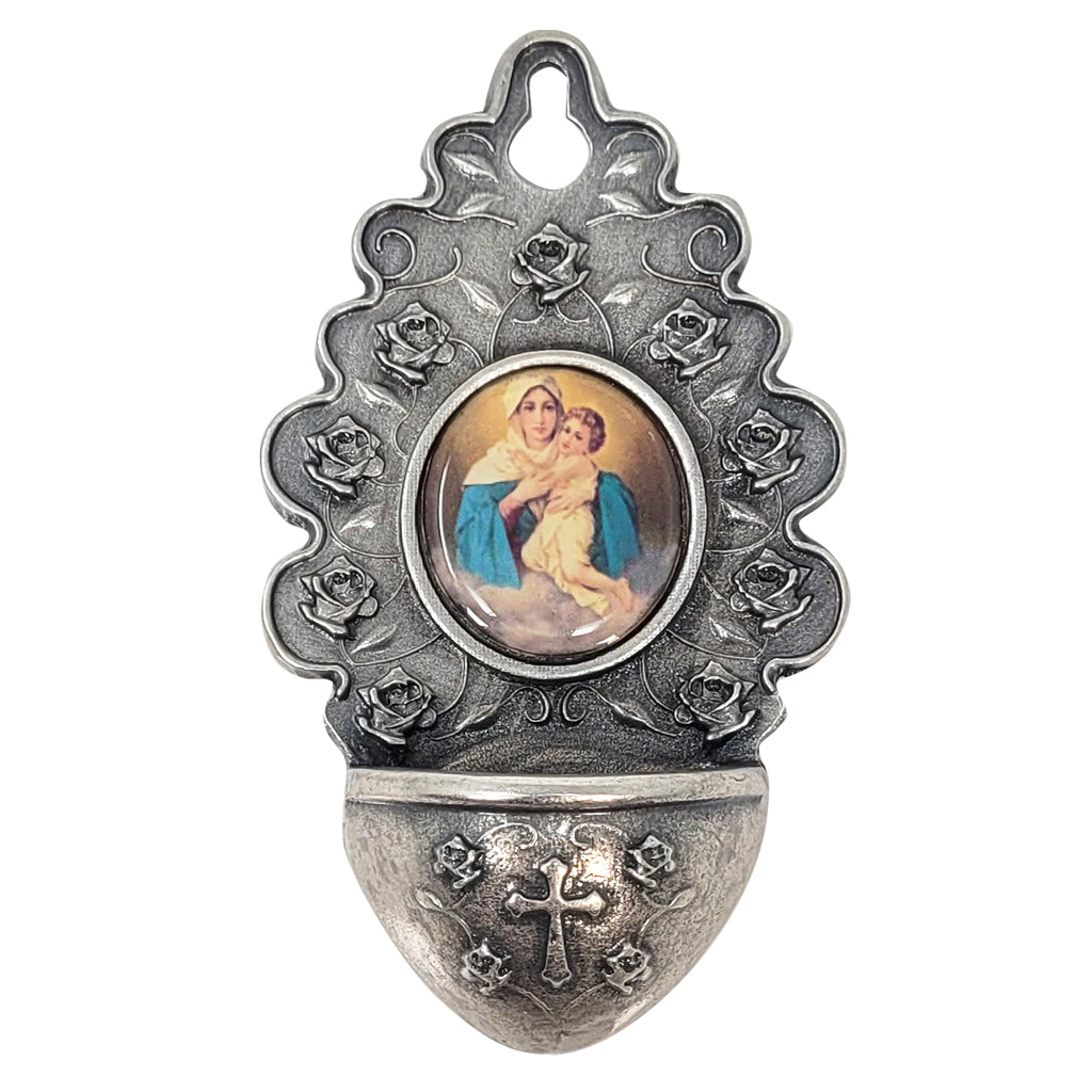 Holy Water Font. Our lady of Schoenstatt and Embosed Cross - Silver color  4