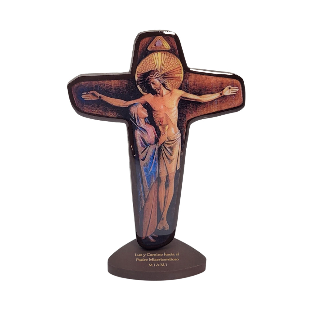 Unity Cross - With Pedestal - Central image  of Christ,  Mary, and the Father's eye - Natural Wood  Base