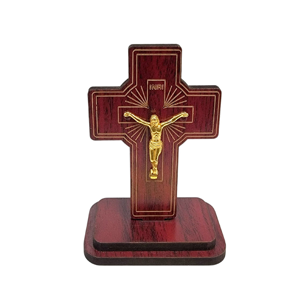 Wooden Cross with Christ on a rectangular pedestal
