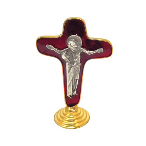 Unity Cross. Pedestral - Red Color. Rounded Metallic Stand. Small size.  3.5