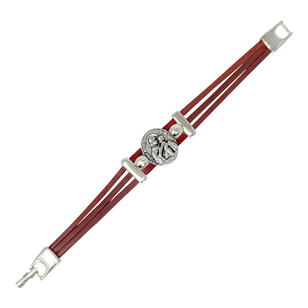 Argentine Leather Bracelet Triple Strand - Reddish Brown Color Our Lady of Schoenstatt Medal. 7