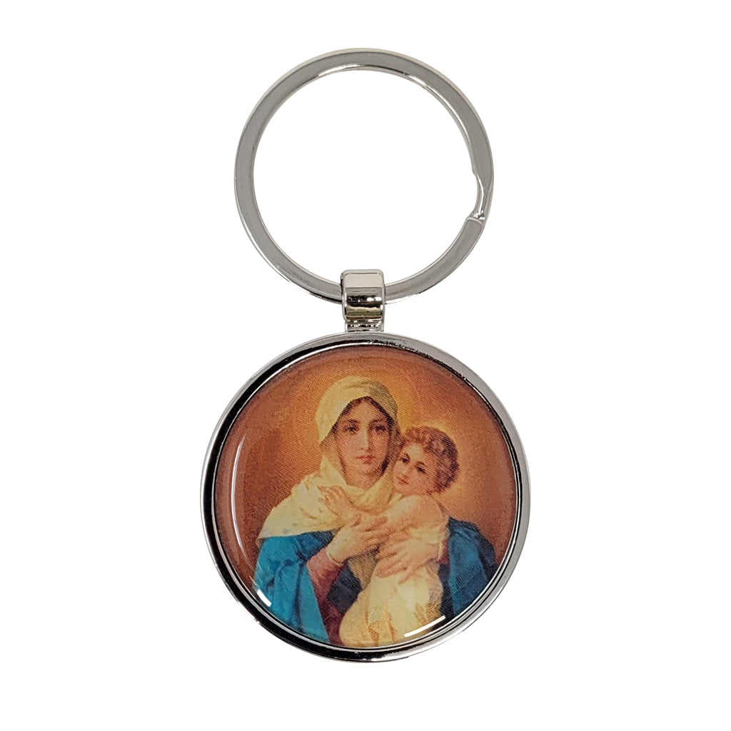 Metal keychain, in box - Our Lady of Schoenstatt - round large. Made in Ecuador. 1.75