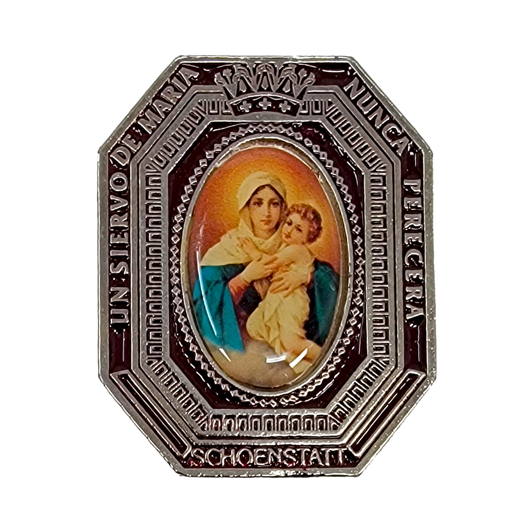 Our Lady of Schoenstatt Resin Portrait in Silver and Metal Plate. Size: 2 x 1.5 inch