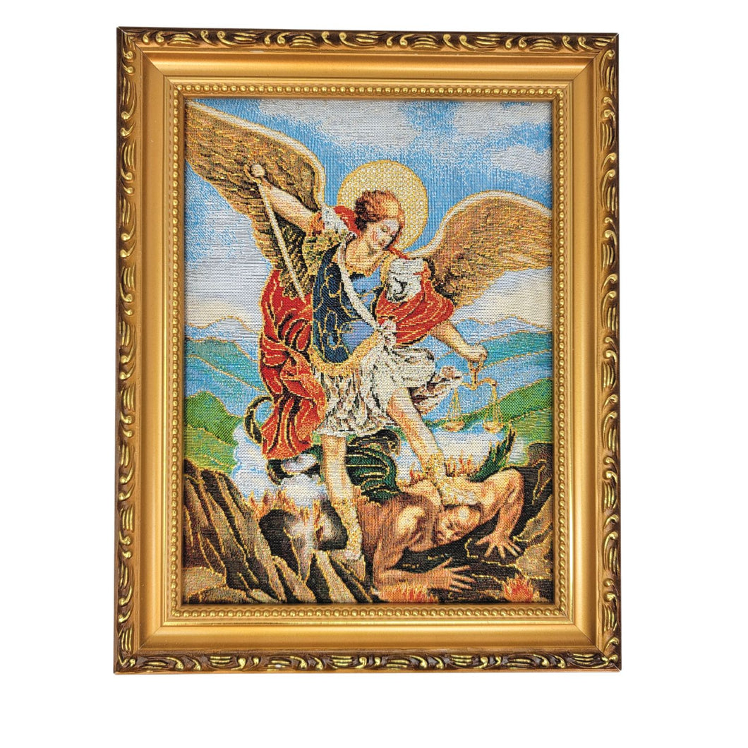 Wall-mount framed embroided portrait of Saint Michael the Archangel. Small size