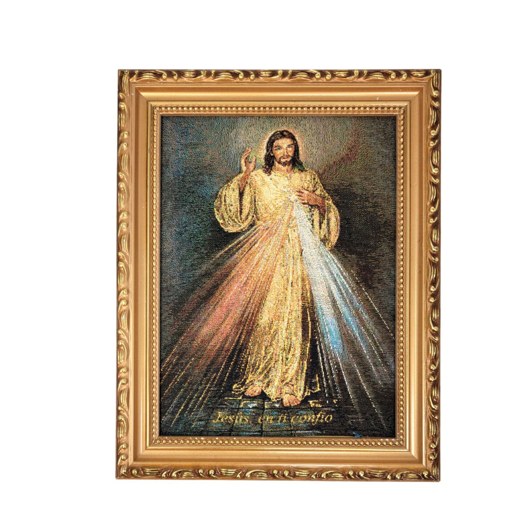 Wall-mount framed Jesus Divine Mercy framed embroided portrait. Wood frame, small size