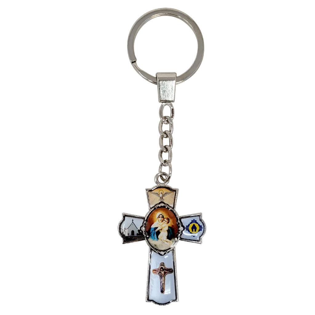 Cross Shaped Keychain.  Our Lady of Schoenstatt, Shrine, Holy Spirit and Unity Cross images.  3.7 