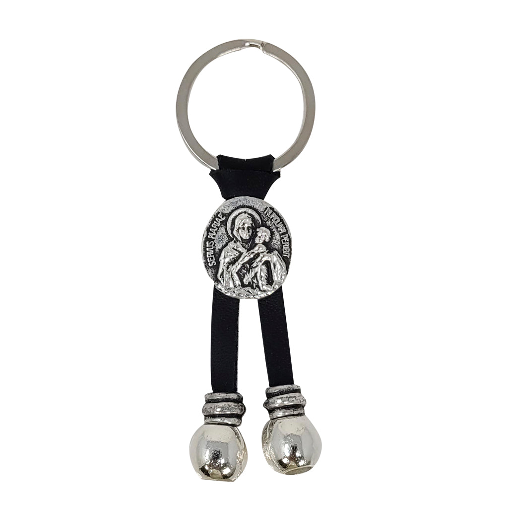 Argentine black leather keychain with image of the MTA in pewter. Our lady of Schoenstatt. 3.7 
