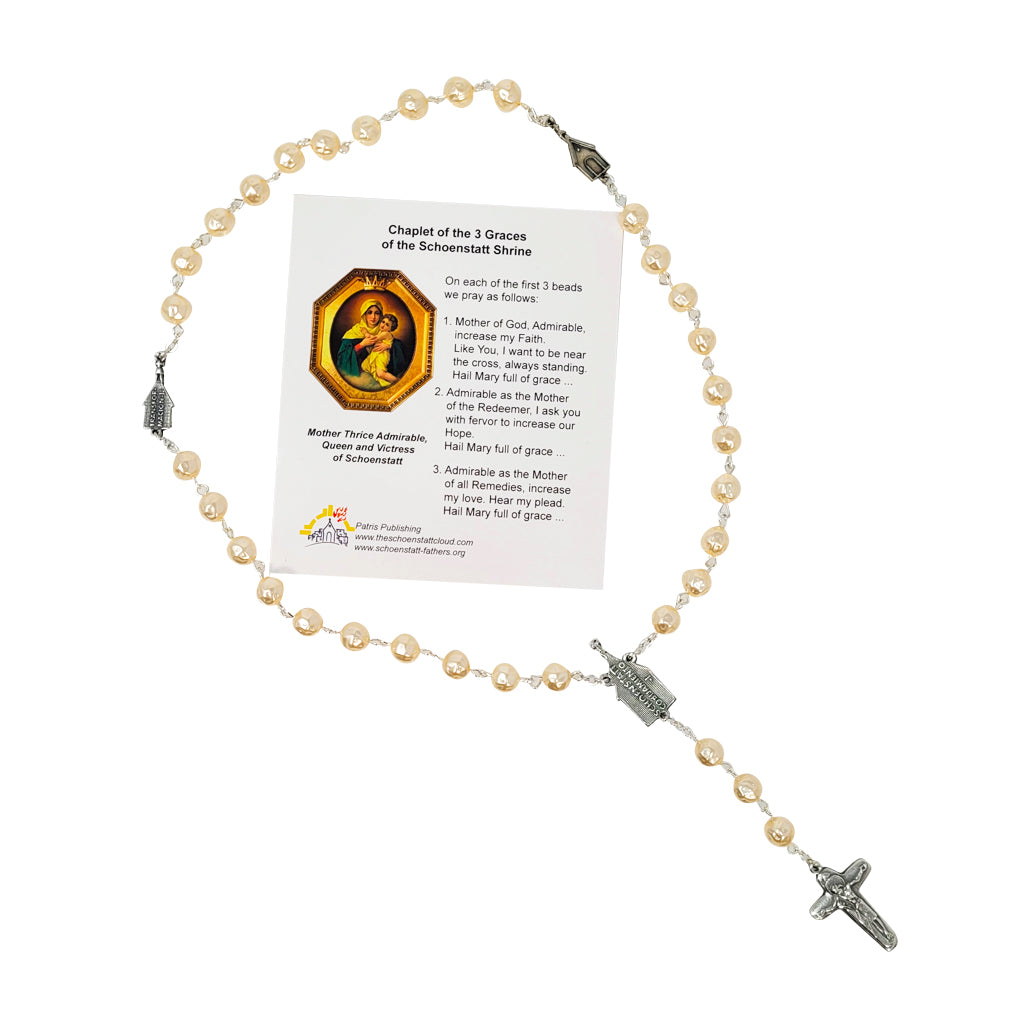 Water pearl Rosary of the 3 shrine graces. Instruction card included with prayers. English edition.