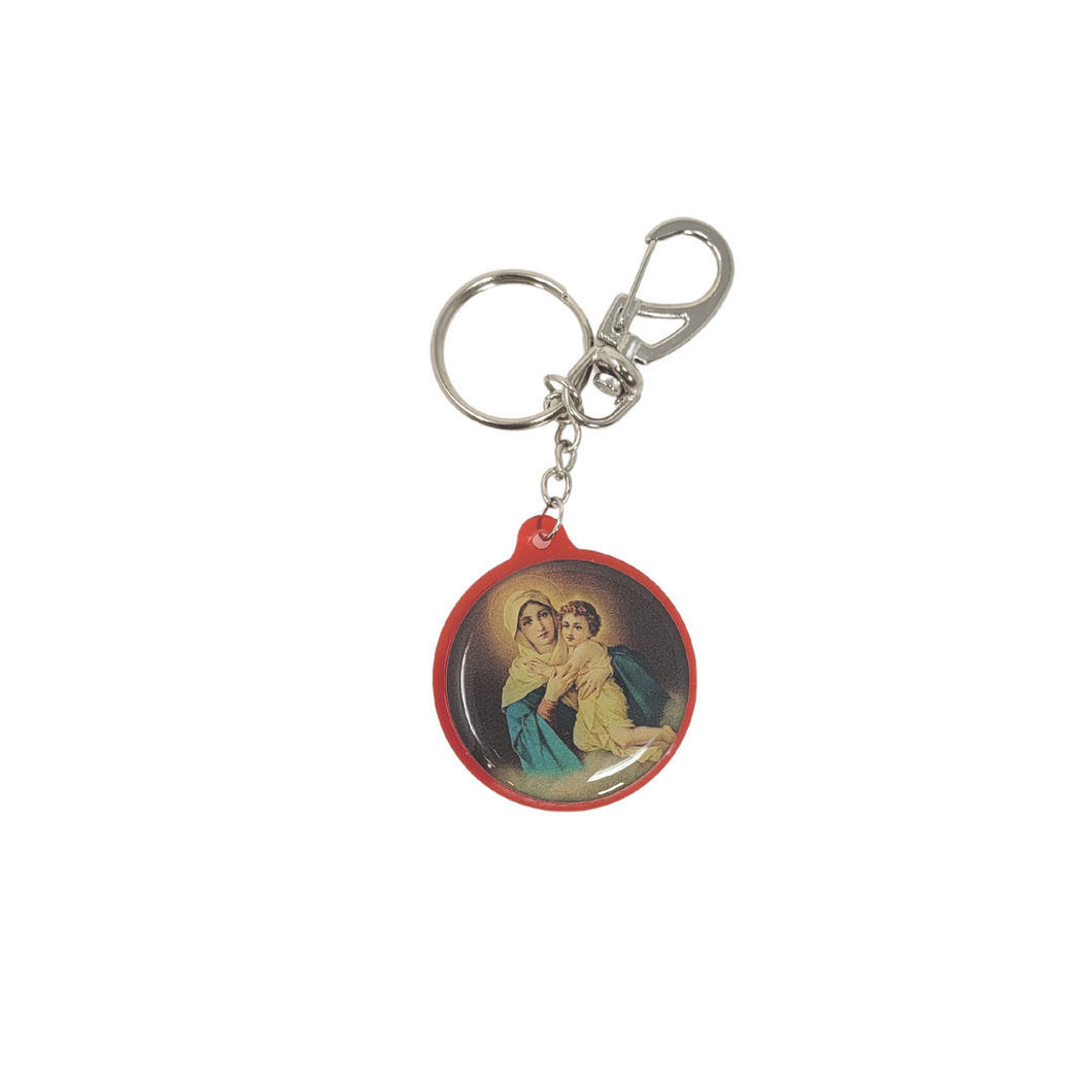 Large Round Keychain with Our Lady of Schoenstatt and Sanctuary Images. Red Color