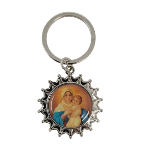 Metal keychain, in box - Our Lady of Schoenstatt - round, sun shape - silver color. Made in Ecuador. 1.5
