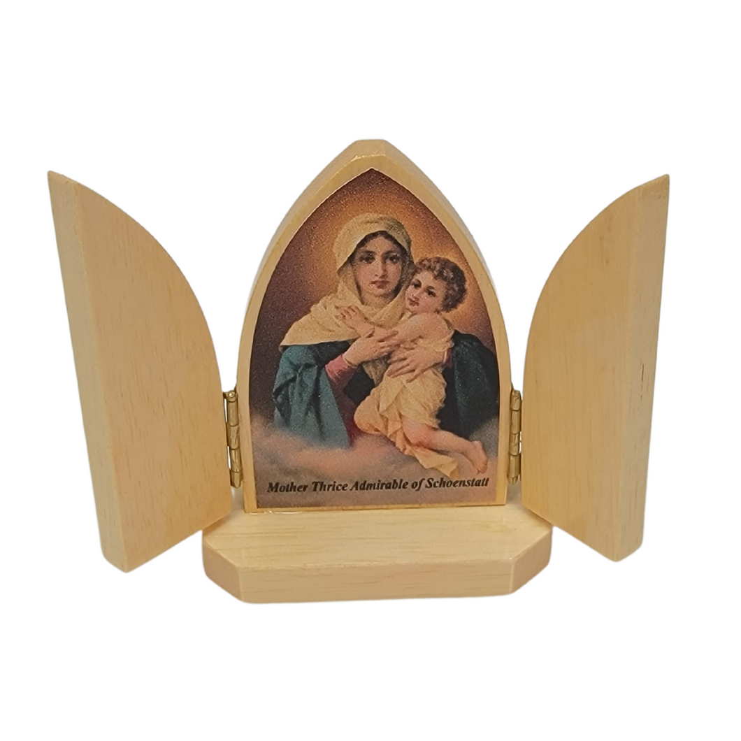 Mother Thrice Admirable Shrine with Doors. Light Wood Color. Small
