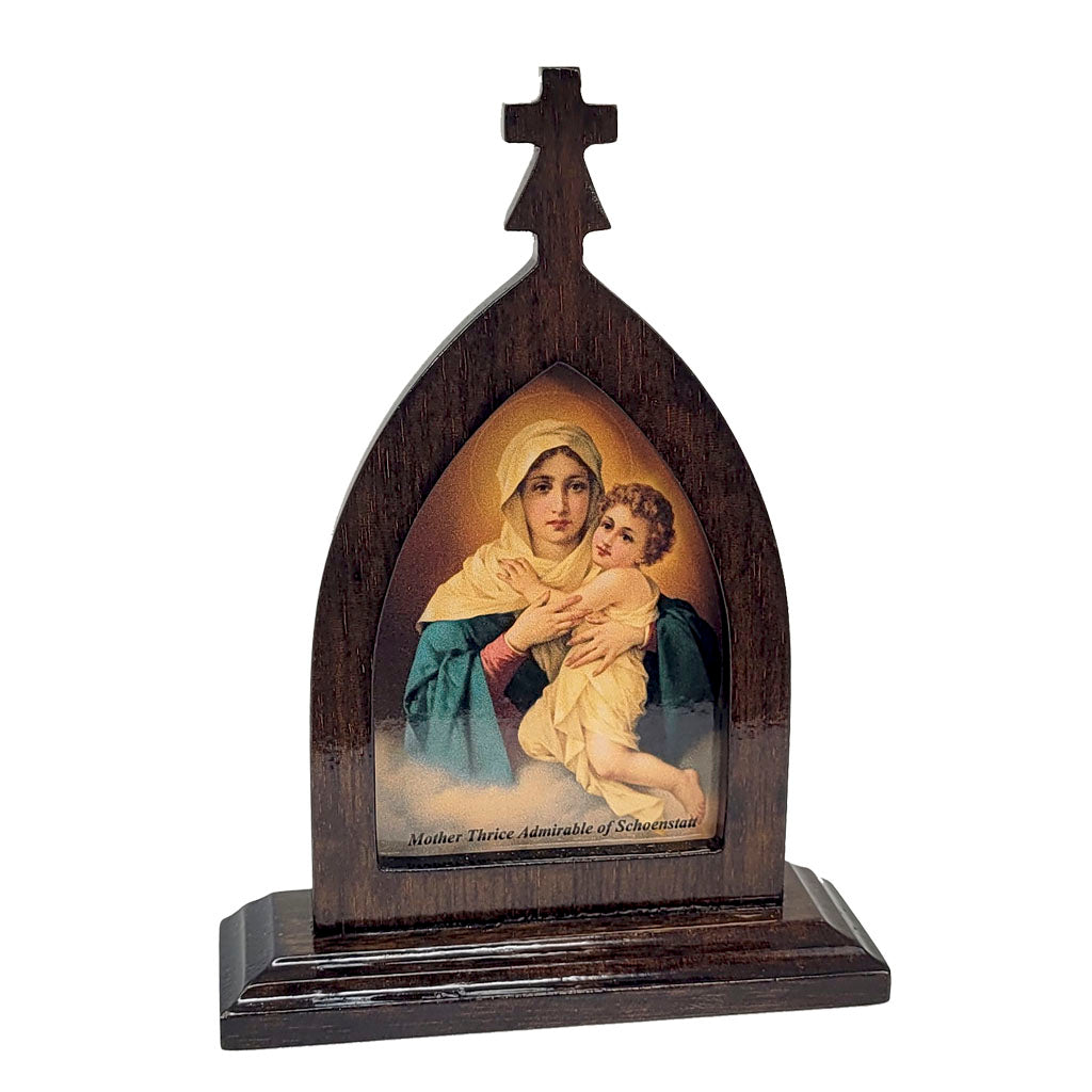 Mother Thrice Admirable, Queen and Victress of Schoenstatt. Shrine with cross. Natural wood color. Medium Size.