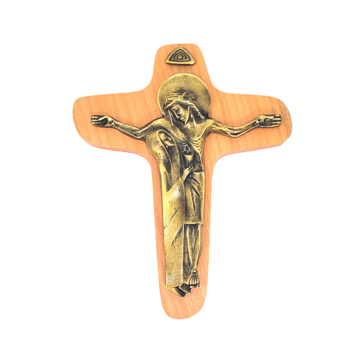 Unity Cross. Gold color, on a natural wood cross. To hang on the wall. / Cruz de la Unidad.  Imagen de Cristo y Maria en color dorado, sobre cruz en madera natural.  Para colgar en pared